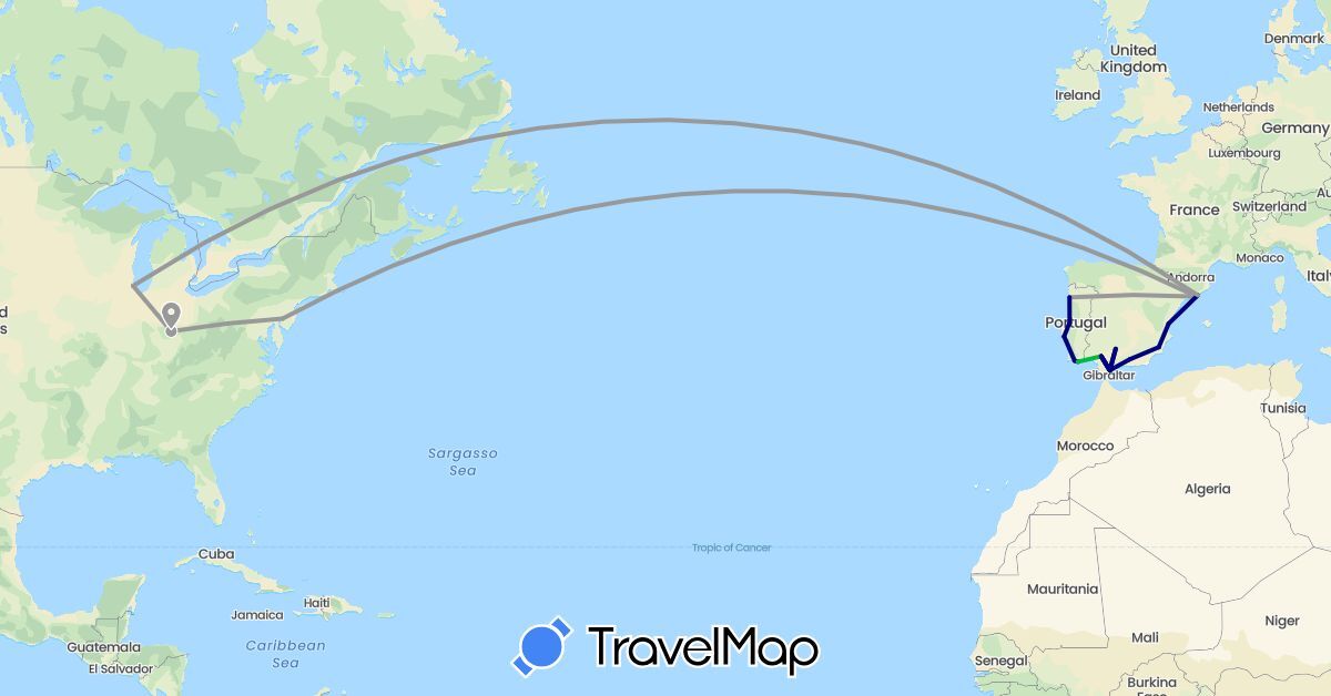 TravelMap itinerary: driving, bus, plane in Spain, Portugal, United States (Europe, North America)